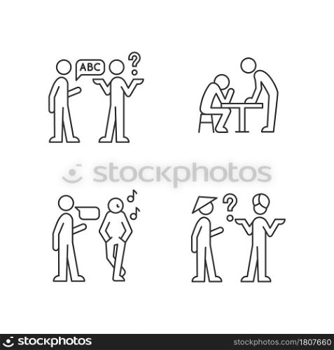Communicating information effectively linear icons set. Language, cultural barriers. Wordless signals. Customizable thin line contour symbols. Isolated vector outline illustrations. Editable stroke. Communicating information effectively linear icons set