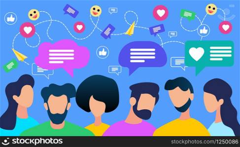Communicating People Crowd with Speech Bubble and Social Media Icons on Blue Background. Young Faceless Men and Women Chatting, Texting, Like Comments. Simple Modern Cartoon Flat Vector Illustration.. Communicating People Crowd with Speech Bubble
