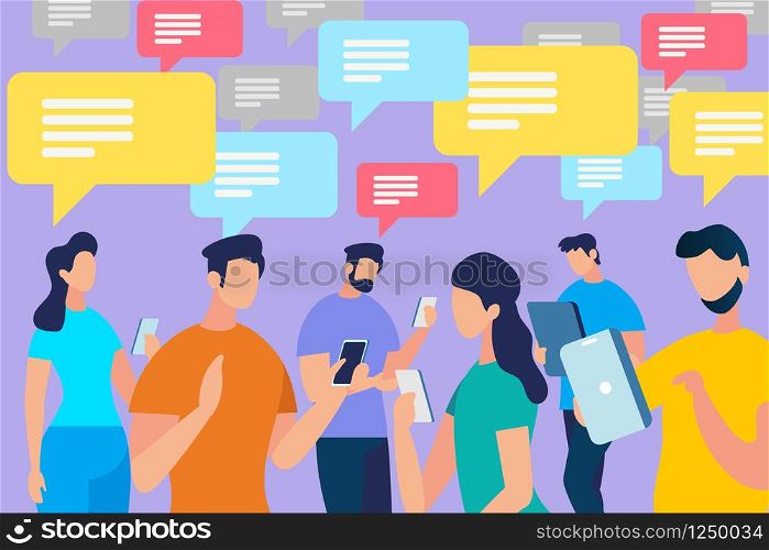 Communicating People Crowd with Speech Bubbles in Blue, Yellow and Purple Colors. Men and Women with Phones and Gadgets, Chatting, Texting, Walking. Simple Modern Cartoon Flat Vector Illustration. Communicating People Crowd with Speech Bubbles