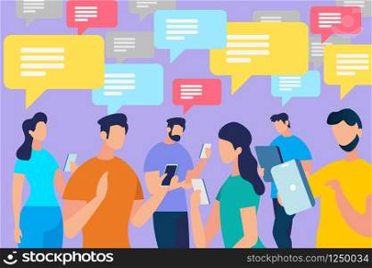 Communicating People Crowd with Speech Bubbles in Blue, Yellow and Purple Colors. Men and Women with Phones and Gadgets, Chatting, Texting, Walking. Simple Modern Cartoon Flat Vector Illustration. Communicating People Crowd with Speech Bubbles