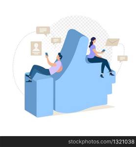 Communicating with Friend Online Flat Vector Concept. Man and Woman, Sitting on Thumbs Up Sign, Using Smartphone, Chatting with Mobile Messenger Application, Messaging in Social Network Illustration