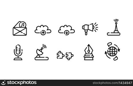 communication and connection outline icons - black line symbols or pictograms for app or web site, chat conversation and mobile phones gadgets concept, isolated icons on white background - vector set. communication ways and gadgets
