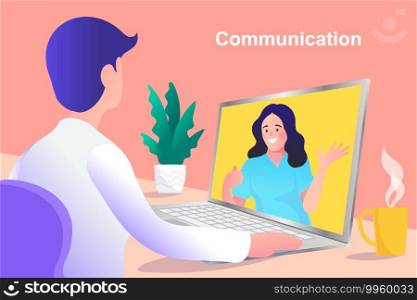 Communication and contemporary marketing. Man and woman connecting and working online together on laptop computer, remote working work from home concept, flat vector illustration.