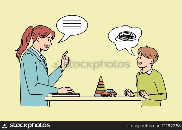 Communication and learning class concept. Young smiling woman teacher standing and talking to small boy teaching him during class vector illustration . Communication and learning class concept.