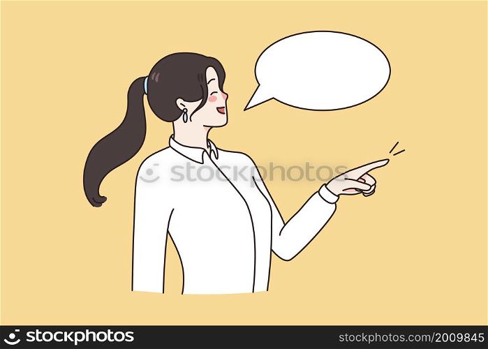Communication and speech bubble concept. Young smiling woman standing pointing aside with finger and saying something with speech bubble sign vector illustration . Communication and speech bubble concept