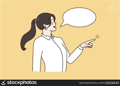 Communication and speech bubble concept. Young smiling woman standing pointing aside with finger and saying something with speech bubble sign vector illustration . Communication and speech bubble concept