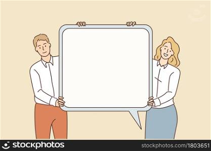 Communication and speech sign concept. Young smiling Businessman and woman standing holding white mockup speech bubble in hands vector illustration . Communication and speech sign concept