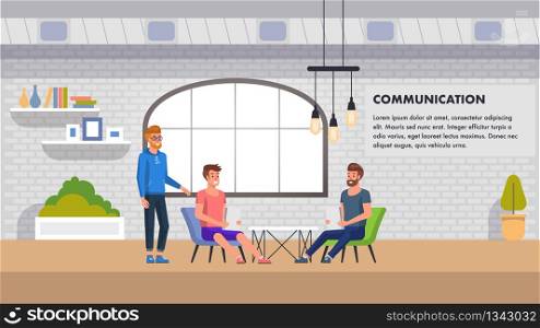 Communication Banner. Group of People Communicate about Marketing and Finance in Coworking Space Interior. Creative Environment Learning Together. Global Comunity Business Team. Flat Landing.. Communication Banner. People Business Conversation