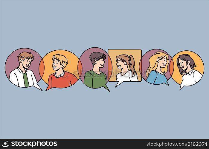 Communication bubble and chat concept. Bubbles of communication replies chats with portraits of people talking online vector illustration . Communication bubble and chat concept.