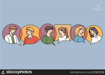 Communication bubble and chat concept. Bubbles of communication replies chats with portraits of people talking online vector illustration . Communication bubble and chat concept.