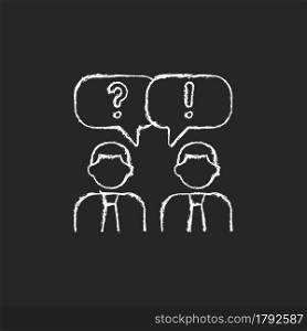 Communication chalk white icon on dark background. Verbal and nonverbal communication. Business conversation. Small talk. Group discussion. Isolated vector chalkboard illustration on black. Communication chalk white icon on dark background