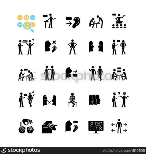 Communication channel black glyph icons set on white space. Body language. Language barriers. Eye contact. Biases. Message receiver and sender. Silhouette symbols. Vector isolated illustration. Communication channel black glyph icons set on white space