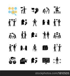 Communication channel black glyph icons set on white space. Body language. Language barriers. Eye contact. Biases. Message receiver and sender. Silhouette symbols. Vector isolated illustration. Communication channel black glyph icons set on white space