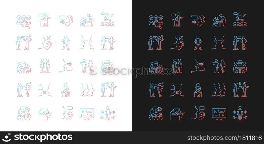 Communication channel gradient icons set for dark and light mode. Body language. Eye contact. Thin line contour symbols bundle. Isolated vector outline illustrations collection on black and white. Communication channel gradient icons set for dark and light mode