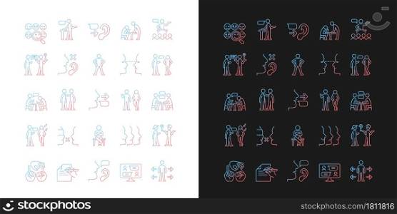 Communication channel gradient icons set for dark and light mode. Body language. Eye contact. Thin line contour symbols bundle. Isolated vector outline illustrations collection on black and white. Communication channel gradient icons set for dark and light mode