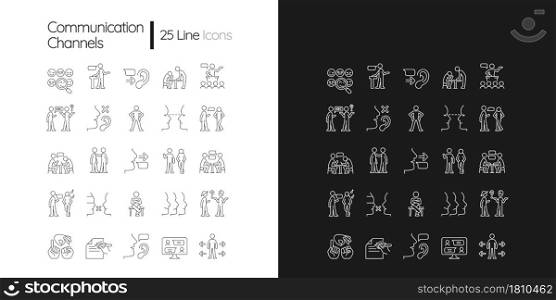 Communication channel linear icons set for dark and light mode. Body language. Language barriers. Eye contact. Customizable thin line symbols. Isolated vector outline illustrations. Editable stroke. Communication channel linear icons set for dark and light mode