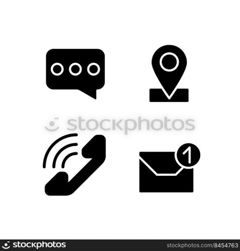 Communication channels black glyph icons set on white space. Customer service system. Business development way. Silhouette symbols. Solid pictogram pack. Vector isolated illustration. Communication channels black glyph icons set on white space