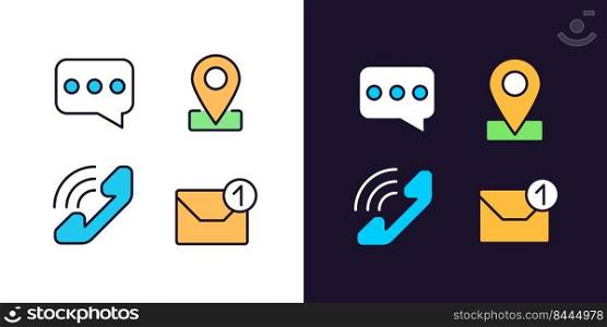 Communication channels pixel perfect light and dark theme color icons set. Customer service. Business development. Simple filled line drawings. Bright cliparts on white and black. Editable stroke. Communication channels pixel perfect light and dark theme color icons set