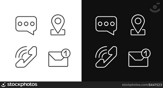 Communication channels pixel perfect linear icons set for dark, light mode. Customer service. Business development. Thin line symbols for night, day theme. Isolated illustrations. Editable stroke. Communication channels pixel perfect linear icons set for dark, light mode
