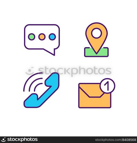 Communication channels pixel perfect RGB color icons set. Customer service. Business development. Isolated vector illustrations. Simple filled line drawings collection. Editable stroke. Communication channels pixel perfect RGB color icons set