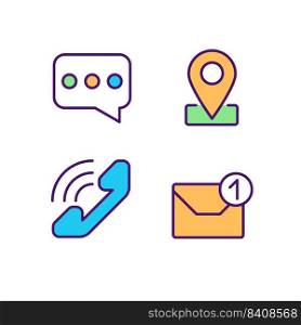Communication channels pixel perfect RGB color icons set. Customer service. Business development. Isolated vector illustrations. Simple filled line drawings collection. Editable stroke. Communication channels pixel perfect RGB color icons set