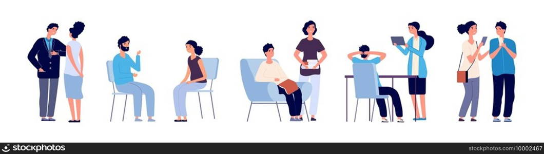 Communication concept. Conference people. Vector flat characters, discussing persons with phone, books, tablets. Communication people, office discussion community illustration. Communication concept. Conference people. Vector flat characters, discussing persons with phone, books, tablets