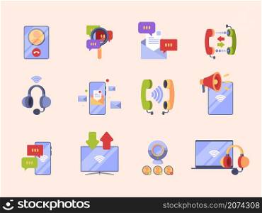 Communication concept icon. Ads pictures for app design online conversation internet dialogue e-banking comerce vector symbols isolated. Illustration internet smartphone, communication chatting mobile. Communication concept icon. Ads pictures for app design online conversation internet dialogue e-banking coerce vector symbols set isolated