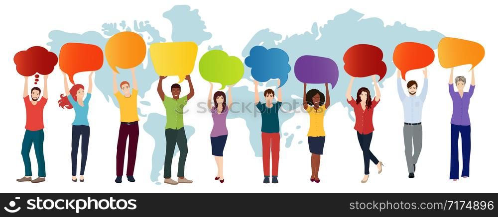 Communication connection group of diverse multiethnic people.Speech bubble.Social network.Speak. Information sharing.Communicating talking sharing ideas and thoughts.Socializing and informing