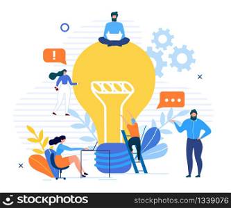 Communication, Discussion, Speaking to Get Ideas. Office People Team Working on Modern Device, Having Dialogue by Huge Light Bulb. Social Network for Business. Vector Metaphor Illustration. Communication, Discussion, Speaking to Get Ideas