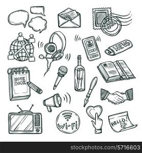 communication doodle decorative icon set with mobile phone notebook handshake symbols isolated vector illustration