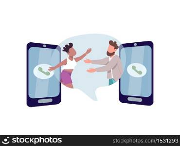 Communication flat concept vector illustration. Man and woman want to hug. Multi racial couple. Family 2D cartoon characters for web design. Connection through phone call creative idea. Communication flat concept vector illustration