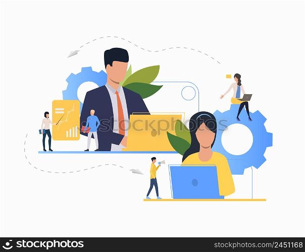 Communication flat icon. Department leaders, laptop, presentation, gear. Teamwork concept. Can be used for topics like leadership, unit, business, analysis. Communication flat icon