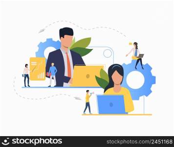 Communication flat icon. Department leaders, laptop, presentation, gear. Teamwork concept. Can be used for topics like leadership, unit, business, analysis. Communication flat icon