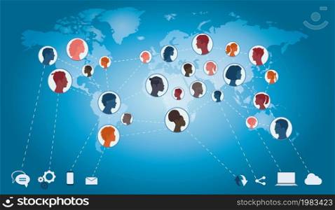 Communication global networking concept.Group of business people or friends who are connected in the network. Various international people connected online.World map on blue background