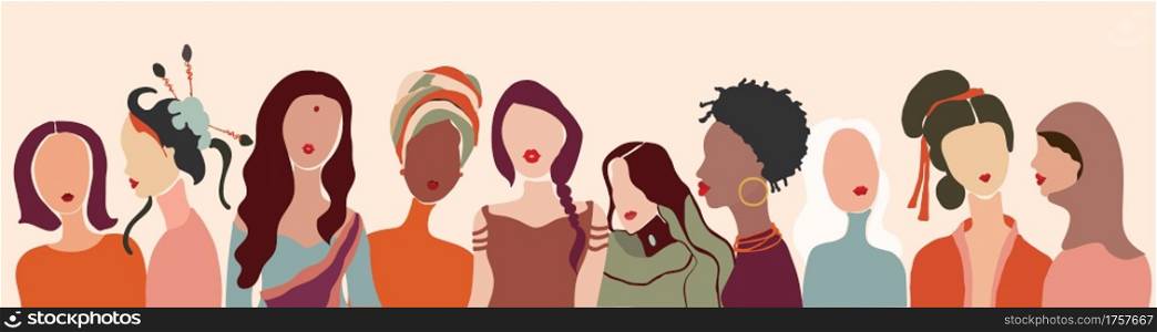 Communication group of multiethnic multicultural diversity women face. Female social network community of diverse culture. Talk and share information. Friendship.Speak.Racial equality