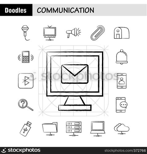 Communication Hand Drawn Icons Set For Infographics, Mobile UX/UI Kit And Print Design. Include: Signals, Data, Satellite, Booster, Tv, Television, Radio, Media, Collection Modern Infographic Logo and Pictogram. - Vector
