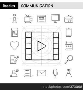 Communication Hand Drawn Icons Set For Infographics, Mobile UX/UI Kit And Print Design. Include: Laptop, Computer, Device, Electronics, Headphone, Media, Music, Sound, Collection Modern Infographic Logo and Pictogram. - Vector