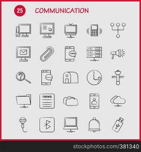 Communication Hand Drawn Icons Set For Infographics, Mobile UX/UI Kit And Print Design. Include: Signals, Data, Satellite, Booster, Tv, Television, Radio, Media, Collection Modern Infographic Logo and Pictogram. - Vector