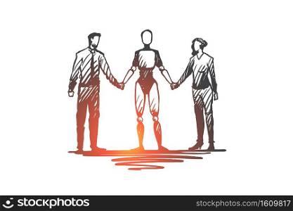 Communication, HCI, automation, businessman, partnership concept. Hand drawn partners hold hands with robot concept sketch. Isolated vector illustration.. Communication, HCI, automation, businessman, partnership concept. Hand drawn isolated vector.