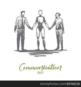 Communication, HCI, automation, businessman, partnership concept. Hand drawn partners hold hands with robot concept sketch. Isolated vector illustration.. Communication, HCI, automation, businessman, partnership concept. Hand drawn isolated vector.