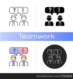 Communication icon. People talking. Verbal and nonverbal communication. Business conversation. Small talk. Group discussion. Linear black and RGB color styles. Isolated vector illustrations. Communication icon