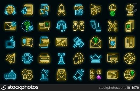 Communication icons set. Outline set of communication vector icons neon color on black. Communication icons set vector neon