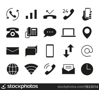 Communication icons. Smartphone call, mailing or texting symbols. Laptop and network sharing minimal signs. Global phone and Internet connection. Vector isolated black silhouettes graphic elements set. Communication icons. Smartphone call, mailing or texting symbols. Laptop and network sharing signs. Global phone and Internet connection. Vector isolated black silhouettes elements set