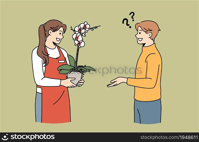 Communication in flower store concept. Young man client customer standing and asking girl florist about plant in pot vector illustration. Communication in flower store concept