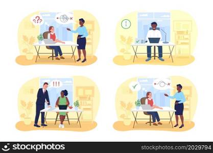 Communication in office 2D vector isolated illustration set. Productive teamwork. Coworker interacting flat characters on cartoon background. Corporate workplace colourful scene collection. Communication in office 2D vector isolated illustration set