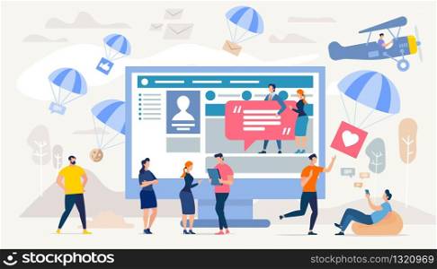 Communication in Social Network, Digital Marketing Research, Internet User Profile Analyze Flat Vector Concept. Businesspeople Messaging, Mailing Online, Communicating with Colleagues Illustration