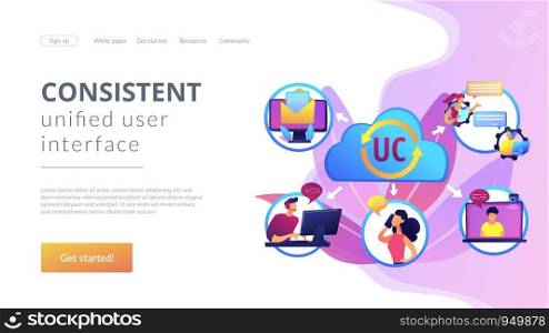 Communication integration. Collaboration service. Unified communication, unified communications platform, consistent unified user interface concept. Website homepage landing web page template.. Unified communication concept landing page