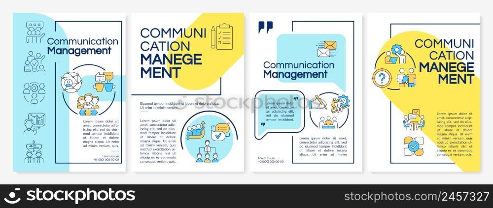Communication management blue and yellow brochure template. Team collaboration. Leaflet design with linear icons. 4 vector layouts for presentation, annual reports. Questrial, Lato-Regular fonts used. Communication management blue and yellow brochure template