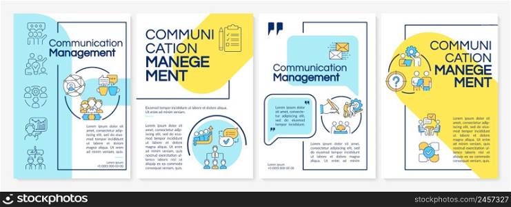 Communication management blue and yellow brochure template. Team collaboration. Leaflet design with linear icons. 4 vector layouts for presentation, annual reports. Questrial, Lato-Regular fonts used. Communication management blue and yellow brochure template