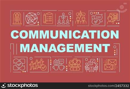 Communication management word concepts red banner. Colleagues interaction. Infographics with icons on color background. Isolated typography. Vector illustration with text. Arial-Black font used. Communication management word concepts red banner
